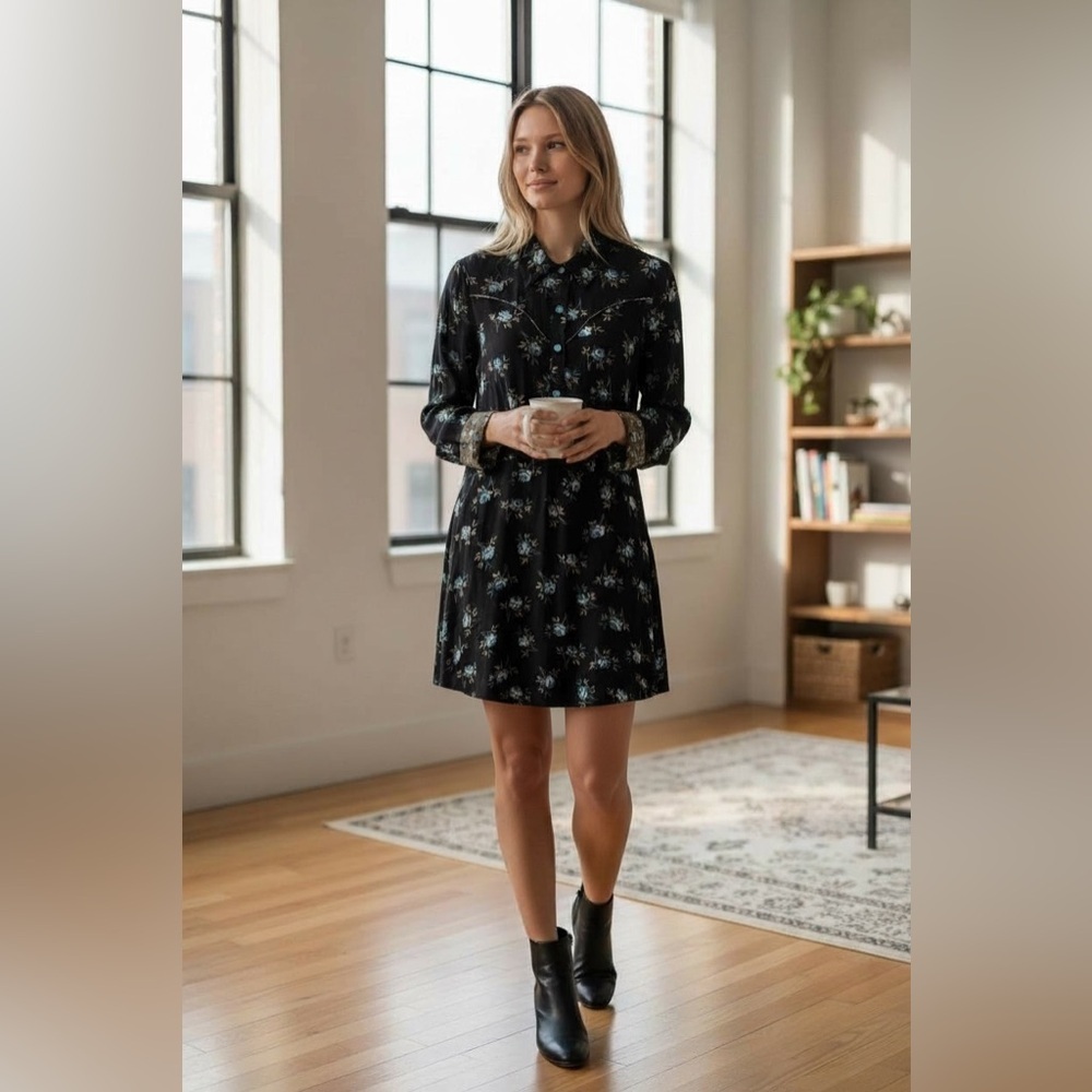 Sandro Paris Black Floral Western Long Sleeve Mini Dress XS See Measurements EUC